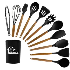 Generic Silicone Kitchen Tool Set, 12 Pieces, Spoons, Spatulas, Tongs (Black), KU002