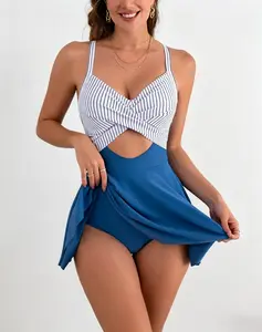 Women Cutout One Piece Skirt Swimsuit V Neck Wrap Tie Back Swimdress Tummy Control Bathing Suits High Rise Swimwear High Waist Swimwsuit