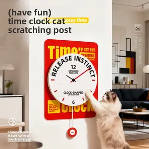Interactive 2-in-1 Wall Clock & Cat Scratcher Vertical Pad Saves Sofa from Scratches Clock-Shaped Cat Toy for Fun Play Time
