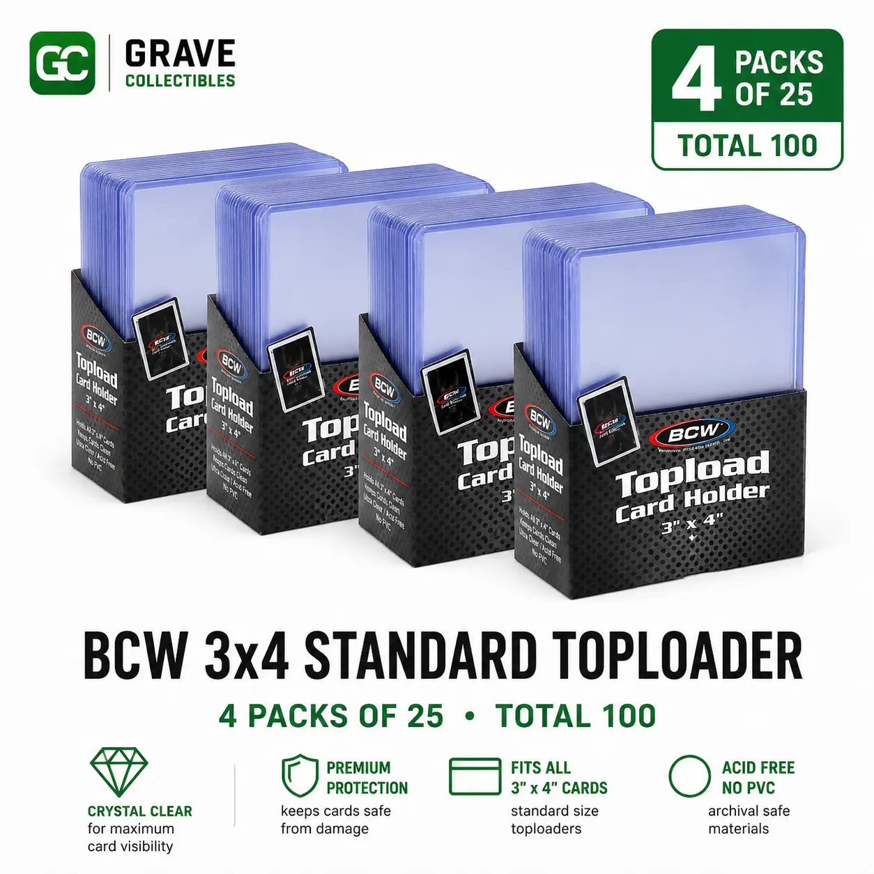 BCW 3x4 Standard Toploader 4 packs of 25 (total 100)
