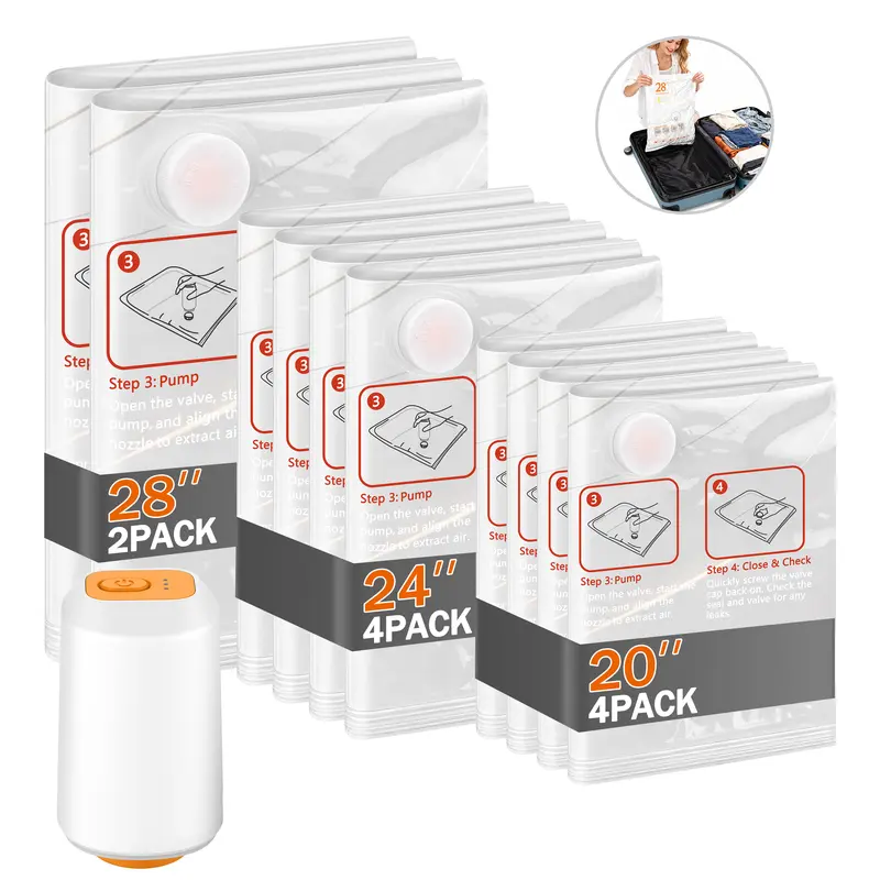 Cordless Travel Vacuum Seal Bags Set with Rechargeable Battery Air Pump, 10 Pieces Waterproof Reusable 3-Size Compression Bags - Lightweight Large Solutions for Clothes & Carry-On