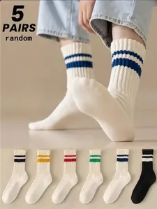 5 pairs of randomly shipped men's mid-calf socks Ins-style trendy athletic socks Sweat-wicking long socks Men's striped lettering Japanese street-style layered socks Suitable for everyday wear