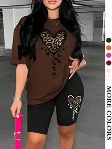 Women's Leopard Heart Print Tee & Skinny Shorts Two-Piece Set, Casual Fashion Round Neck T-shirt & Shorts for Daily Outdoor Wear, Ladies Clothes for All Seasons Elastic Shorts Set