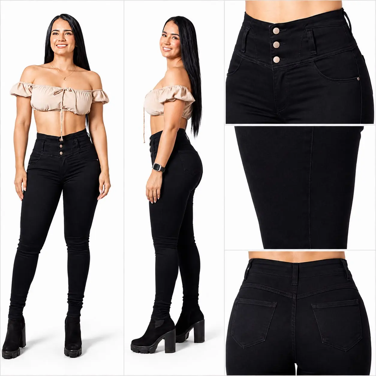 Jeans Colombiano Women’s Colombian High-Waisted Push-Up Skinny Jeans – 3-Button Black Stretch Denim Pants REF.N575
