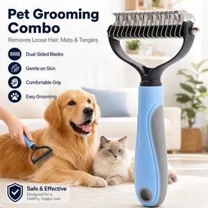 Pet Grooming Brush-Double Sided Hurtless Shedding and Dematting Undercoat Rake Comb for Dogs and Cats, No More Nasty Shedding or Flying Hair Deshedding Tool