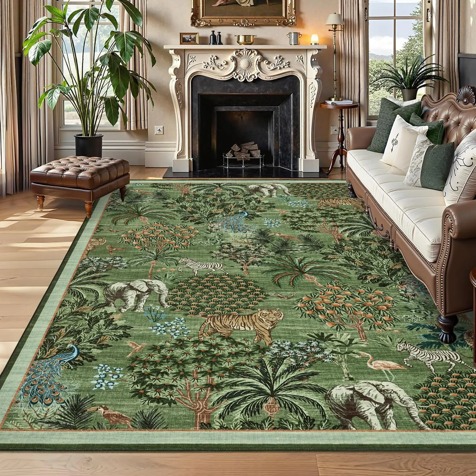 GARVEE Modern Printed Area Rugs For Bedroom Vintage Soft Room Decor Washable Non-Shedding Carpet For Living Room Green Indoor Low Pile Non Slip Rug 5x7 ft