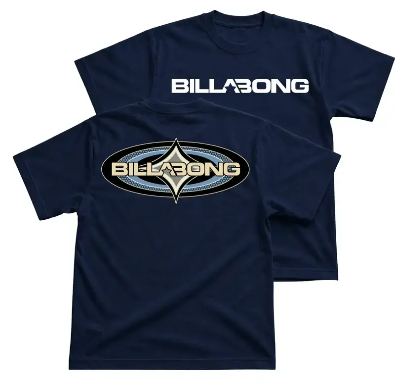 Billabong Surf Logo T-Shirt, Classic Billabong Graphic Tee With Oval Wave Badge Back Print, Coastal Beachwear Outfit, Surf Apparel Gift for Men