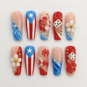 Puerto Rico Press On Nails | Puerto Rican Flag Nail Set with Tropical Flowers & Dice Art | Patriotic Fake Nails | Handmade Island Gift for Women
