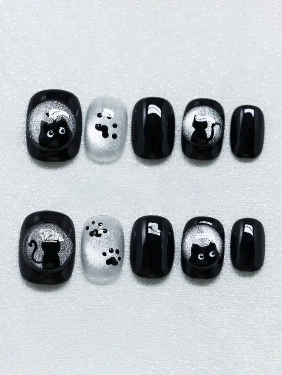 Black Cat Press On Toenails with Silver Glitter and Paw Print Designs, Cute Halloween or Gothic Style False Nails Set
