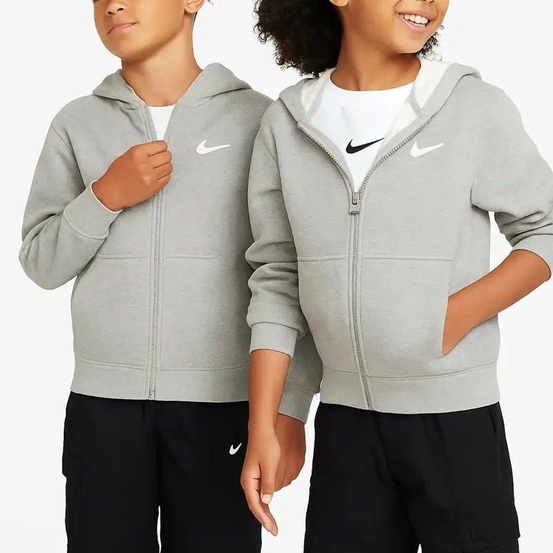 Nike Club Fleece Full-Zip Hoodie - Blank Heather Grey Youth Unisex Sweatshirts, Menswear Compatible, Ultra-Soft Fabric, Adjustable Hood, Kangaroo Pocket, Long Sleeve, Plain Design, Sturdy Hem