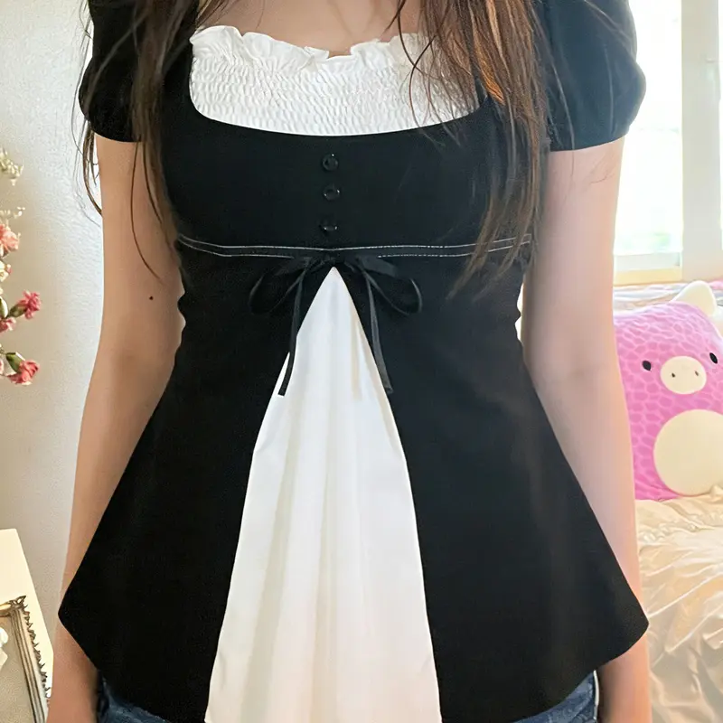 Women's Cute Bowknot Frill Trim T-Shirt, Y2K Bubble Sleeves Button A-Line Patchwork Summer Top, Knotted Top