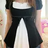 Women's Cute Bowknot Frill Trim T-Shirt, Y2K Bubble Sleeves Button A-Line Patchwork Summer Top, Knotted Top