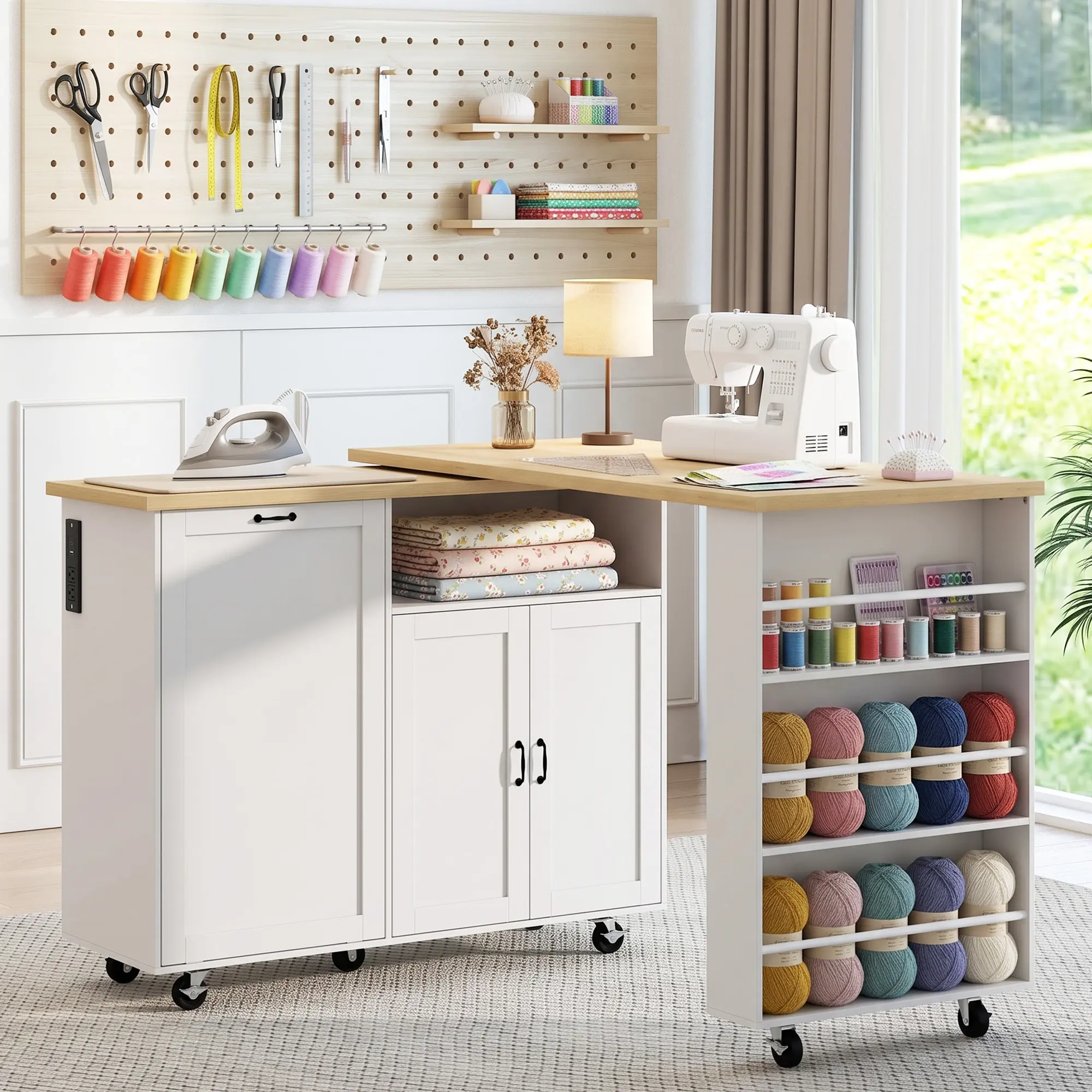 79" Craft Table with Storage, Folding Sewing Table,Charging Station