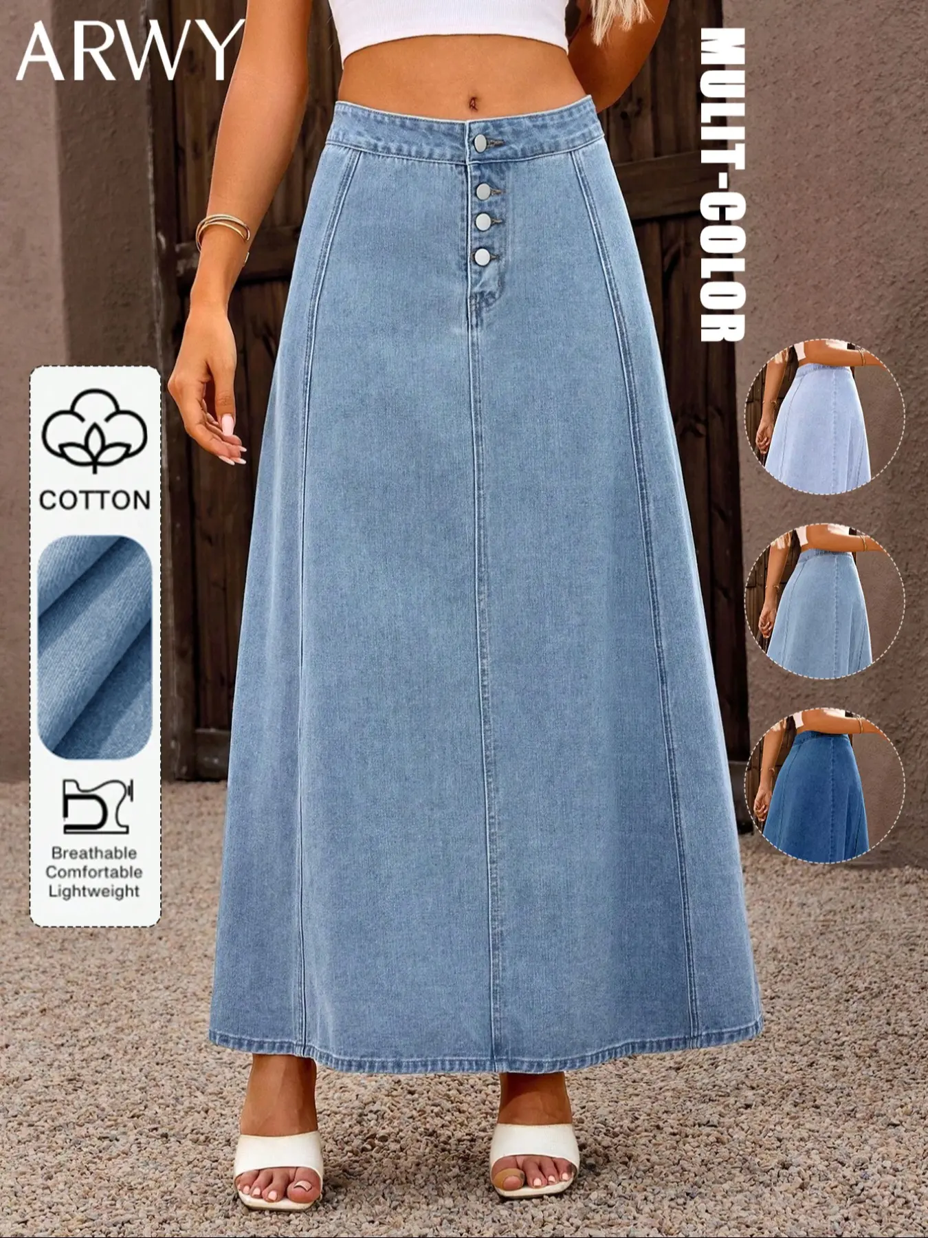 Women's Solid Color Button Fly Vintage Denim Flowy Skirt, Casual Street Fashion Skirt for Daily Outdoor Wear, Woven Skirt, Womenswear