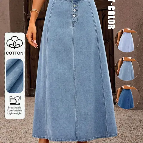 Women's Solid Color Button Fly Vintage Denim Flowy Skirt, Casual Street Fashion Skirt for Daily Outdoor Wear, Woven Skirt, Womenswear