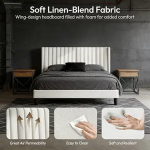 Linen Blend Upholstered Bed Frame with Wingback Channel Headboard, Sturdy Wood Frame 800lb Capacity, Foam-Padded, Floor Protection, Full Queen King Sizes in Black Dark Gray Ivory Navy Blue Pin