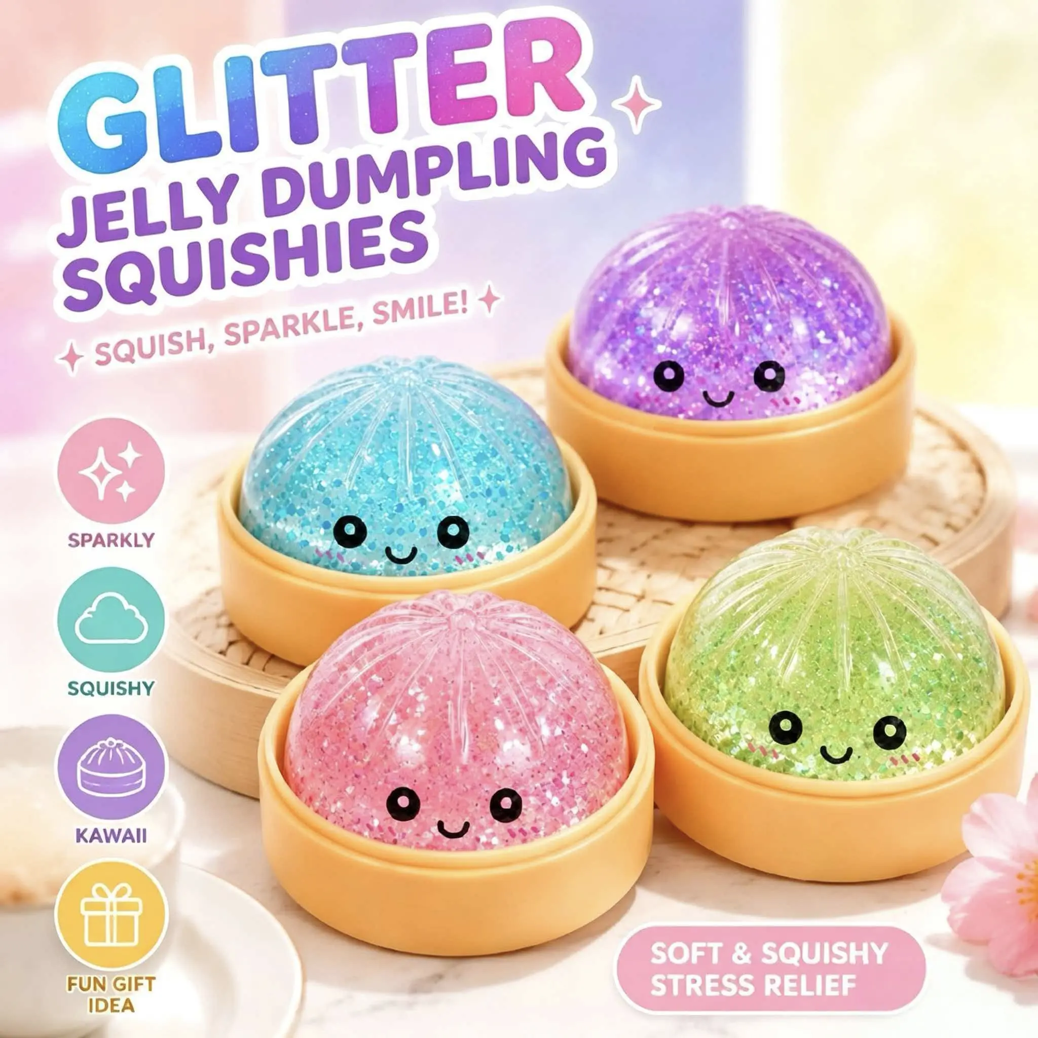 Glitter Dumpling Squishy Mystery Box Set, Kawaii ASMR Stress Relief Squishies Toy with Steamer Box, Soft Fidget Sensory Squeeze Dough for Adults Gifts & Office Desk Decor, Stress Relief Squishy