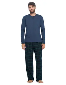 Ashford & Brooks Men’s Long-Sleeve Top Flannel Pants Pajama Sleepwear Set - Navy Blackwatch Plaid - Large