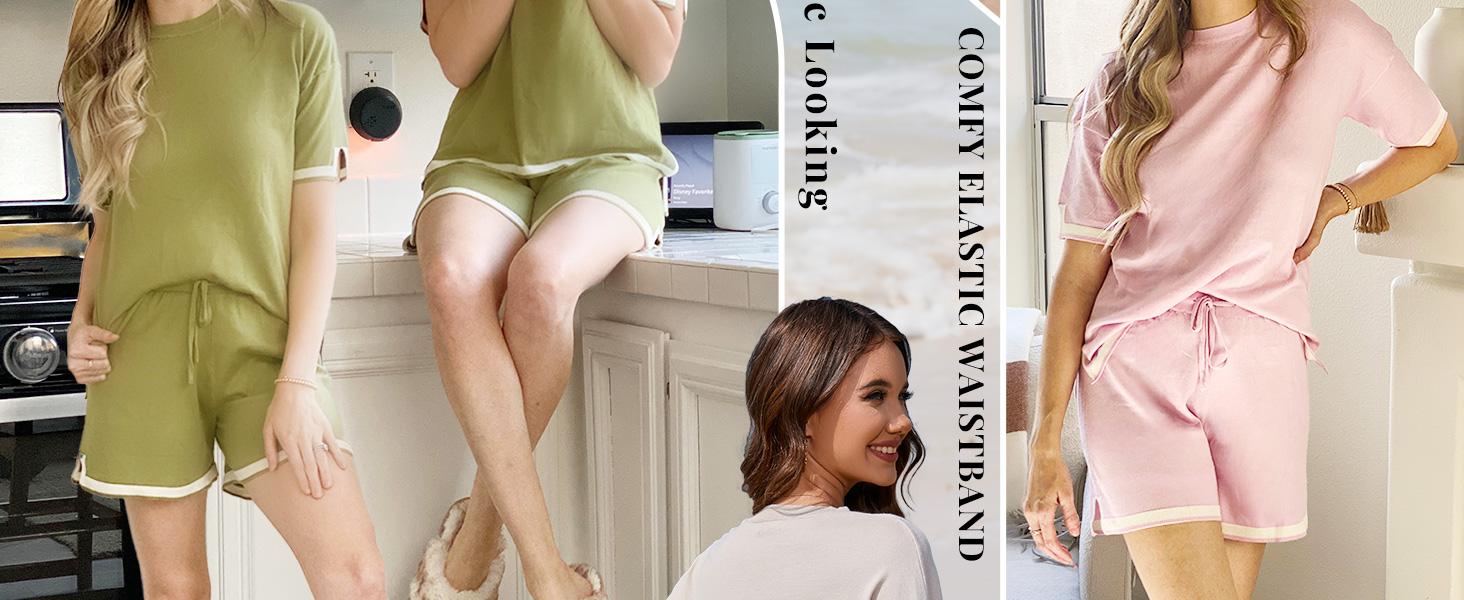 EKOUAER Spring Women's knitted two-piece comfortable set of short- summer sleeved pullover pajamas, casual nightwear, elasticated