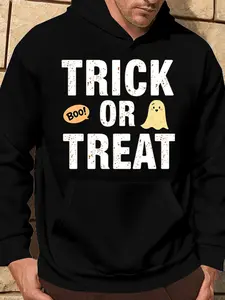 Tricktreat Print Hoodie - Long Sleeve, Knit Fabric, Relaxed Fit, Full Size, Fashionable Graphic Print, Perfect for Casual Outings and Daily Wear, Black White Red Grey Navy Fleece Menswear