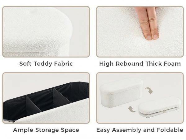 Folding Storage Ottoman Bench, Oval Round Ottoman End of Bed Foot Rest Bench Stool with Cushion, Storage Chest for Bedroom, Living Room, Entryway