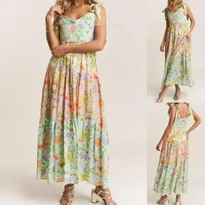 Women Floral Tie Shoulder Dress, V Neck Sleeveless Open Back Tiered Ruffle Long Dress for Daily Party Travel, Ladies Dress for Indoor Outdoor Wear, Ladies Clothes for Daily Wear