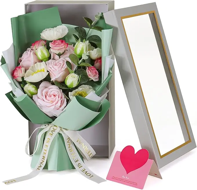 Roses Bouquet Artificial Soap Flowers Preserved Green Floral Bouquet - Romantic Gift for Mom, Wife, Girlfriend, Birthday, Mother’s Day, Anniversary