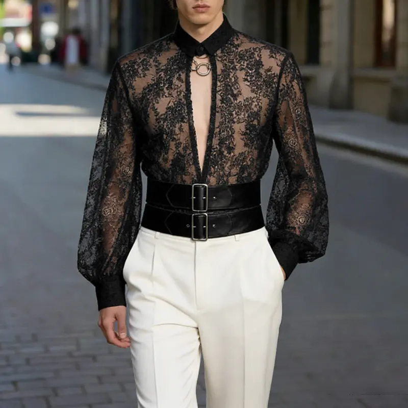INCERUN Fashion Men Button Long Sleeve Lace Patchwork Hollow Out Regular Fit Blouse Summer Party Club Shirt Tops