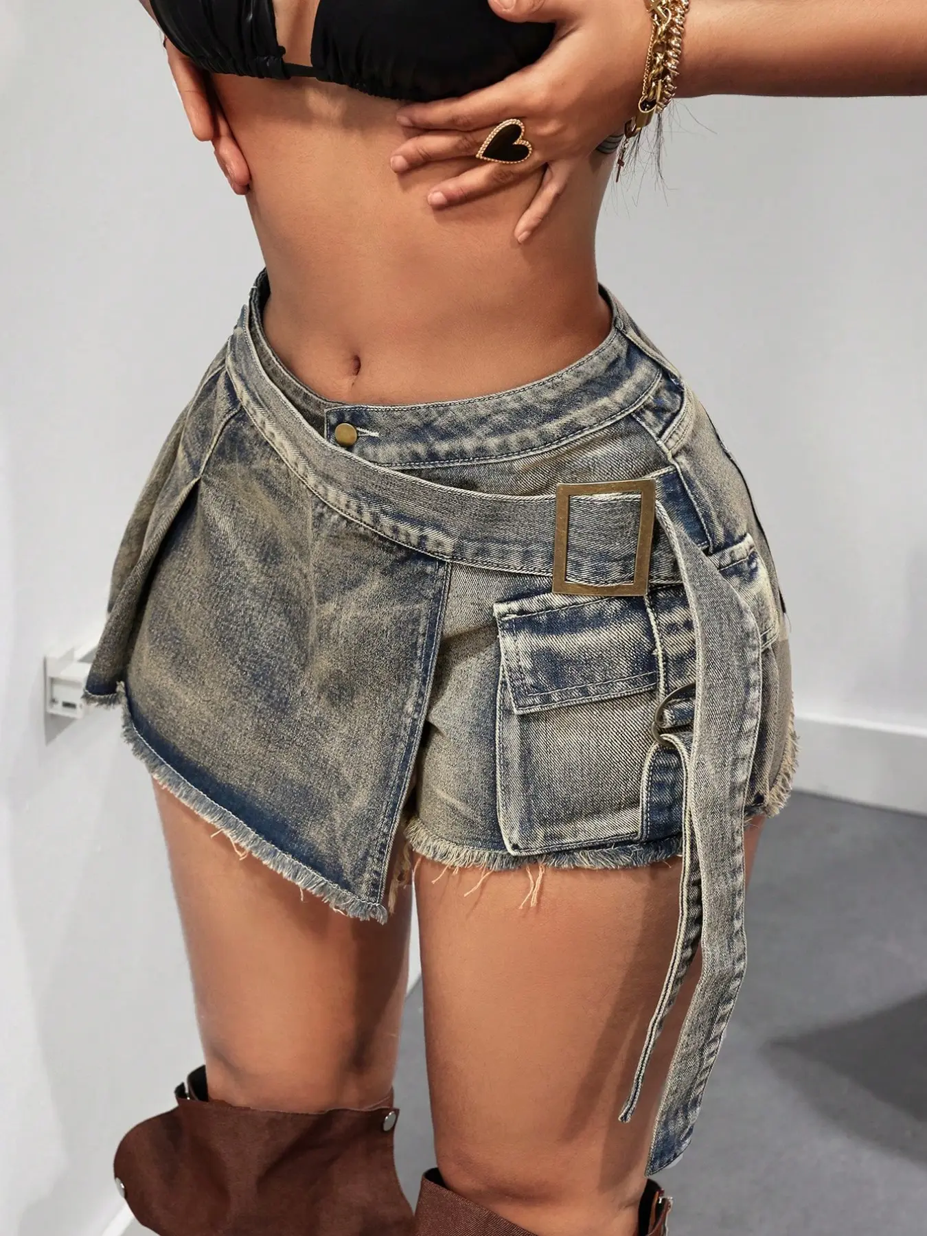 Vintage High Waist Denim Skirt Pants, Anti-Slip Sexy Shorts, Casual Fitted Aesthetic Design, Plain Pattern, Women's Fashion, Bottoms, Light Wash
