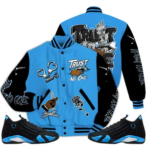 Black University Blue 14s Outfit Varsity Jacket, Trust No One Shirts Match Sneaker Baseball