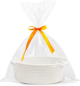Small Woven Burr Basket with Gift Bags and Ribbons Durable Baskets for Valentines Day Gifts Empty Small Rope Basket for Storage 12"X 8" X 5" Baby Toy Baskets with Handles, White