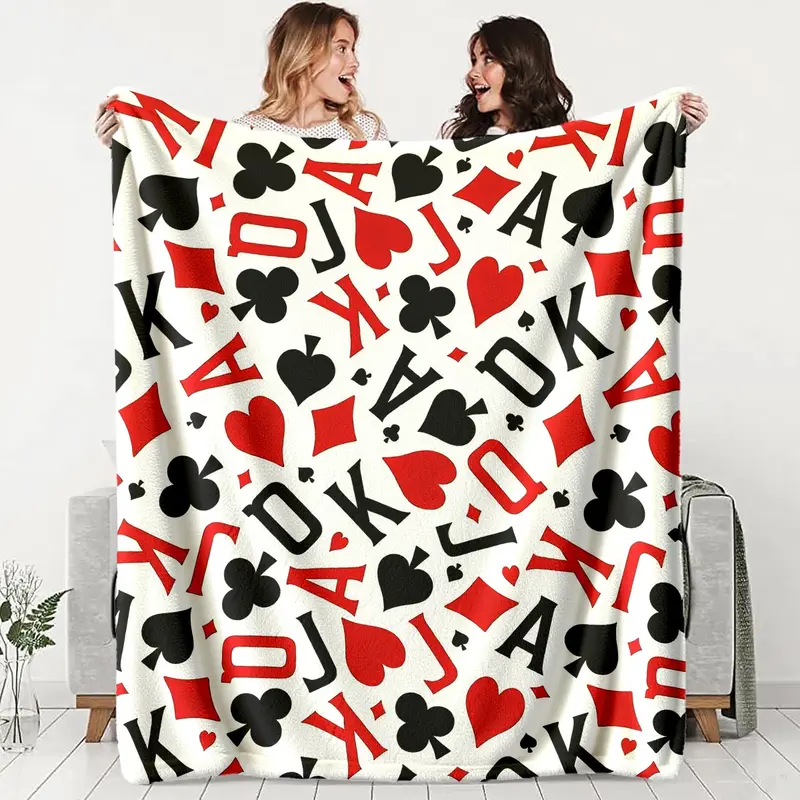 Trendy Poker Print Flannel Blanket, Soft and Warm, Anti-Pilling, Ideal for Naps, Camping, Travel, All Seasons Gift