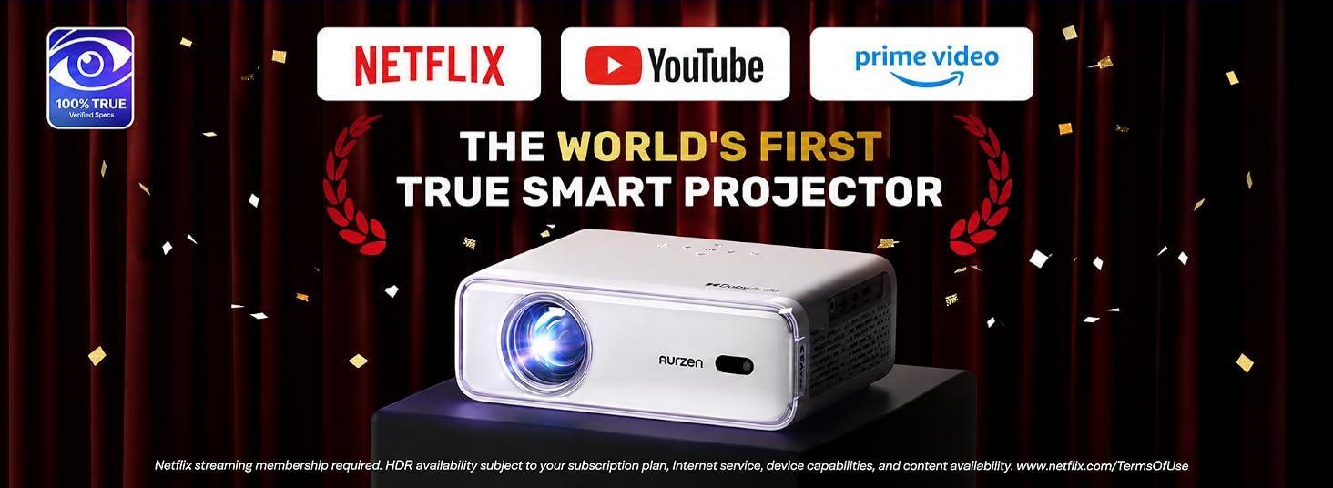 Aurzen EAZZE D1 Smart Projector - Native 1080P, 200 Lumens LCD Panel, WiFi, Bluetooth, Built-in APP, Auto Focus/Keystone, 16W Dolby Audio Speakers, HDR10, USB, Multi-Mounts, Portable Mini Home & Outdoor Movie Projector