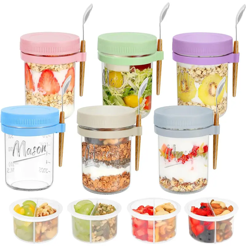6-Pack Overnight Oats Jars With Lids & Spoons – 16 Oz Glass Mason Jars With Handles, Airtight For Meal Prep, Yogurt & Drinks
