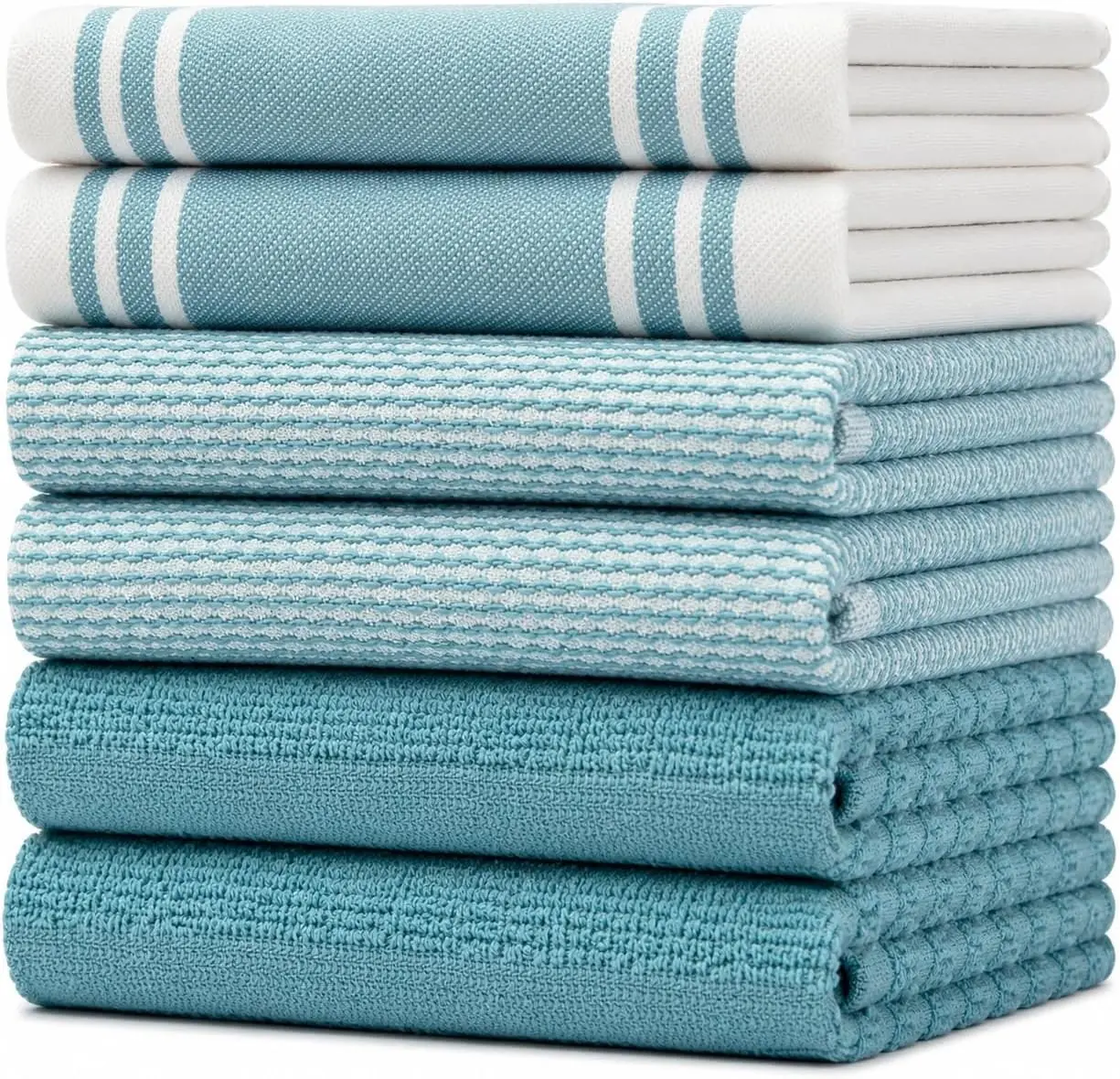 Premium Kitchen Towels 6 Pack 100% Cotton 20"x28" Dish Towels - Aqua Wide Large Flat & Terry Kitchen Linen Set with Hanging Loops, Highly Absorbent for Washing and Drying Dishes