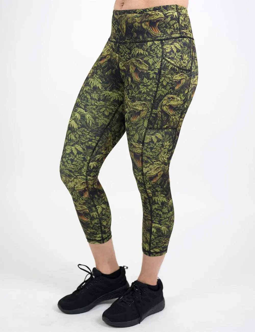 Prehistoric Dinosaurs Compression Leggings, Polyester-Spandex Blend, Tropical Print, Everyday Sports & Outdoor Bottoms Fit Green
