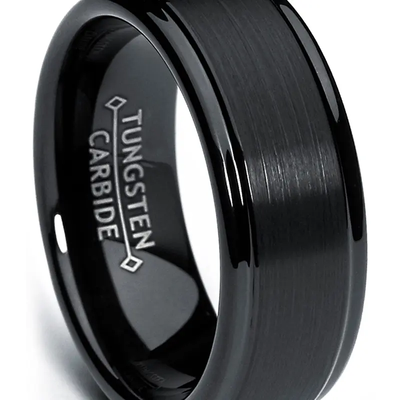 Men's Black 8MM Tungsten Wedding Ring Matte Finish, High Polish Scratch-Resistant Hypoallergenic Comfort-Fit Band with Gift Box, Laser Engravable for Everyday Wear, Male Adults