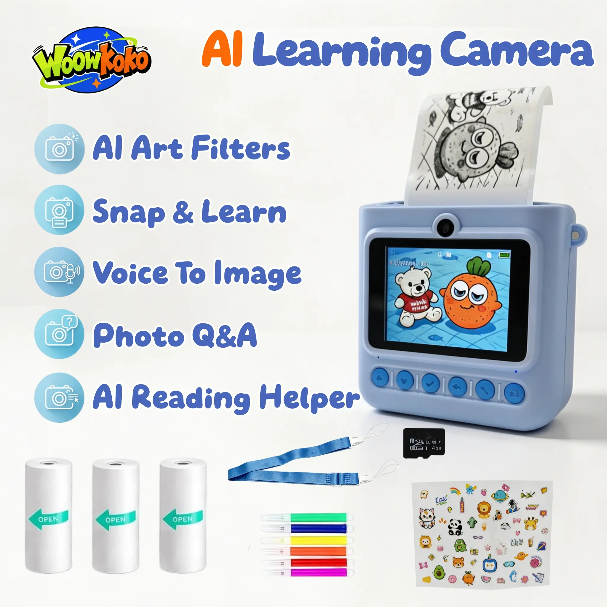 WOOWKOKO Kids' AI Learning Camera & Sticker Printer All-in-1 Device - Photo/Video, AI Filters, Voice-to-Print, Object Recognition, Q&A Assistant, Snap-to-Read with Audio - Instant Thermal Printing on Adhesive Paper, DIY Craft Toy for Journals/Gifts