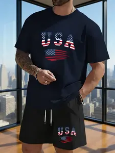 American Street Style USA Letter Pattern Flag Print Summer Casual Men's T-shirt and Shorts Set. Summer Lightweight and Breathable Sports Outfit Clothes