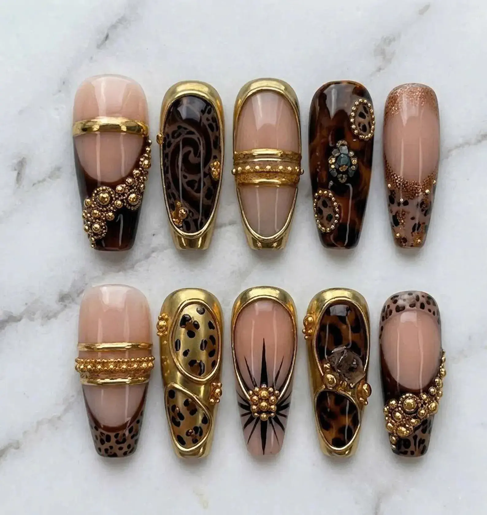 Luxury Leopard Press-On Nails - Brown French Tip, Vintage Baroque, 3D Gold Charm, Handmade Glam Acrylic Nails