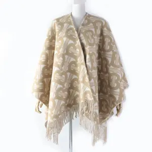 Pre-owned BURBERRY Wool Small Leather Goods Cashmere TB Monogram Poncho Beige