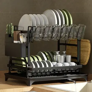 2-Tier Expandable Carbon Steel Metal Dish Drying Rack, Kitchen Countertop Organizer with Cutting Board, Utensil Holder, Detachable Storage Shelf for Bowls, Cups, Tableware