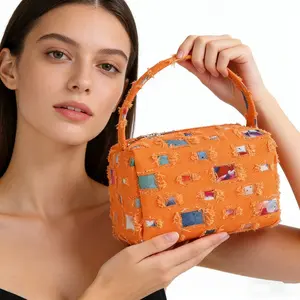 Women's Vintage Vanity Bag - Retro Slip-On, Large-Capacity, Waterproof Makeup & Toiletry Pouch with Stylish Orange Patchwork Design for Travel & Outings