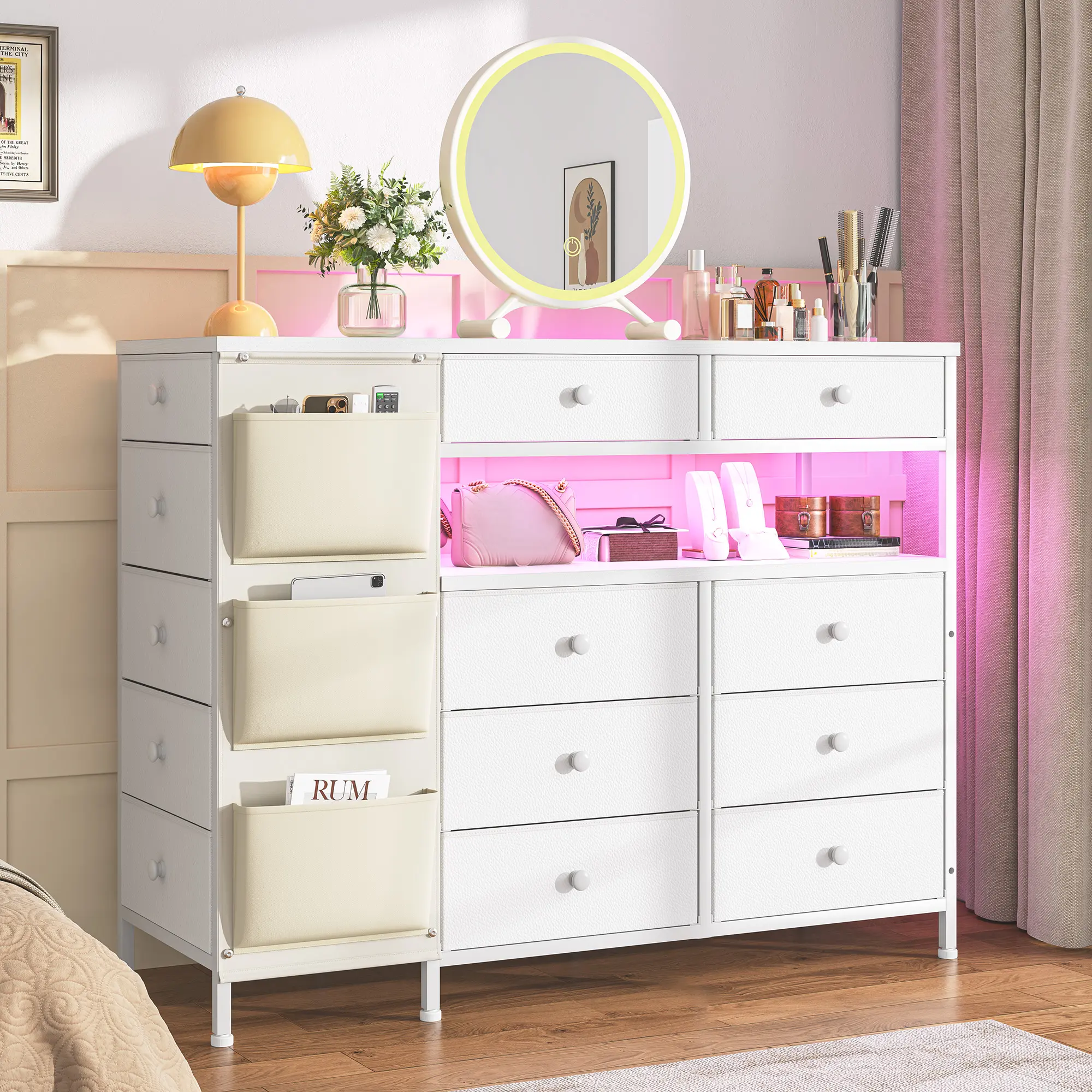 Raybee Wooden Storage Cabinet Dresser for Bedroom with 13 Deep Removable Drawers LED Lights Adjustable Feet & Side Pockets for Closet Organizer