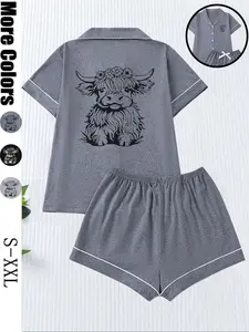 Cute Cow Print Women's Pajama Set, Comfortable Short Sleeve Button Shirt & Elastic Shorts, Casual Home Wear for All Seasons