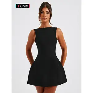 Women's basic solid color backless boat neck vest A-line dress, street fashion casual sleeveless short skirt, suitable for daily outdoor wear, summer women's dress, teacup dressRAIMENTRY