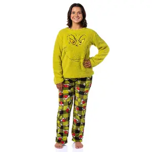 The Grinch Pajama Set Dr. Seuss Women's The Grinch Santa Fleece Buffalo Plaid Sleep Pajama 2 Piece Set Lounge