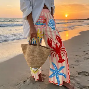 Ocean-themed Hand-painted Print Elastic Waistband Wide-leg Pants