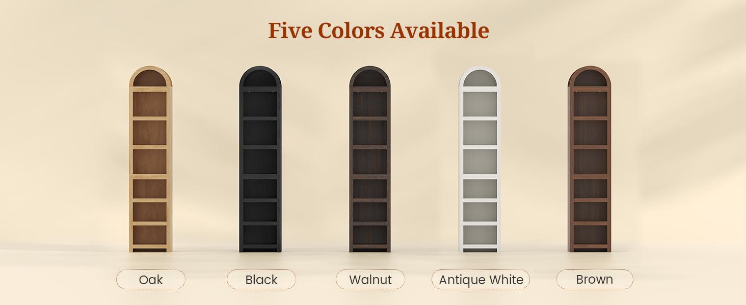 76" Tall Narrow Arched Wooden Bookshelf - 7-Tier Modern Curved Slim Space Saver Storage Cabinet with Adjustable Custom Shelf Fit for Home Library, Living Room, Storage Organization