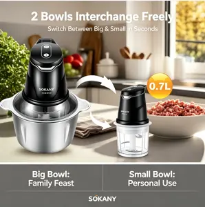 SOKANY 2-IN-1 Electric Food Chopper, 2.0L Stainless Steel & 0.7L Glass Bowls Meat Grinder, 2-Speed Adjustable Mini Blender for Meat, Vegetables, Baby Food, Nuts, Spices, BPA-Free Kitchen Processor for Home Use